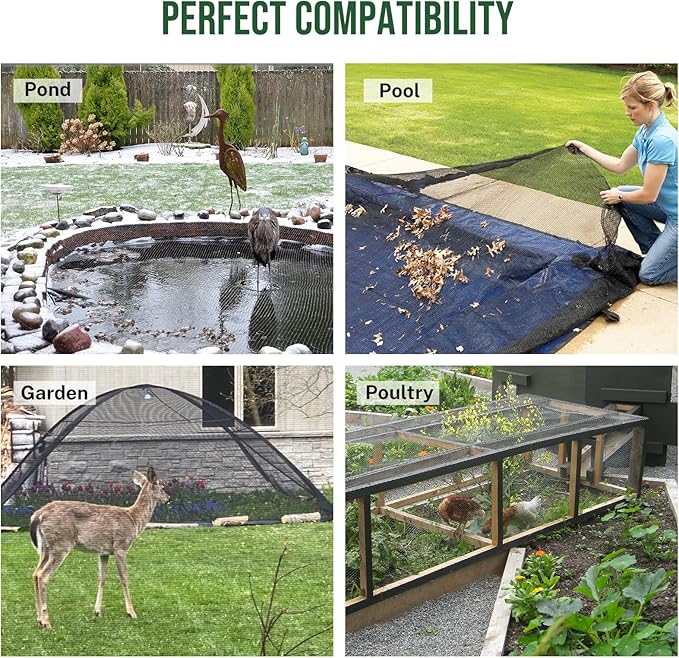 Pond Netting Cover for Leaves, 28 x 30 Koi Pond Net Cover, Durable & Sturdy Pond Netting for Koi Ponds, Protect Koi Fish Against Herons, Raccoons, Cats & Predators, 14pcs Stakes Included