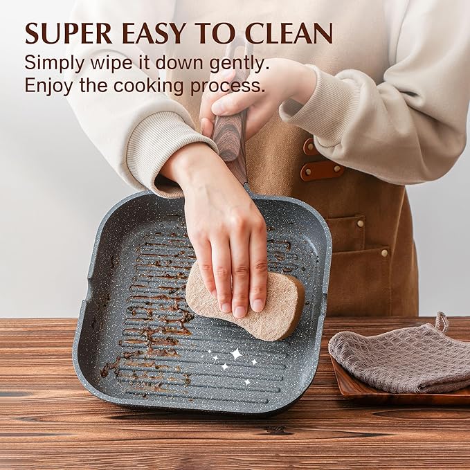 SENSARTE Nonstick Grill Pan for Stove Tops, Versatile Griddle with Pour Spouts, Square Big Cooking Surface, Durable Skillet Indoor & Outdoor Grilling. PFOA Free,12Inch