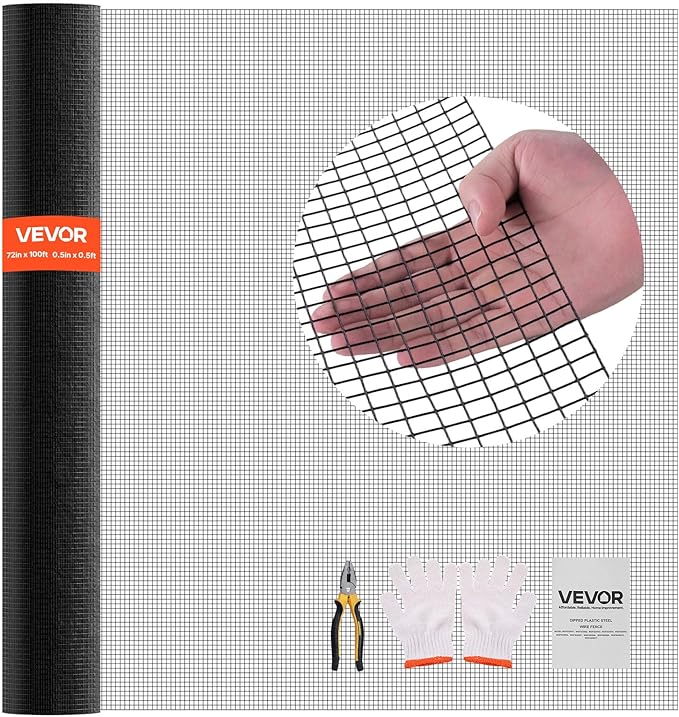 VEVOR Hardware Cloth 72 in x 100 ft, 1/2 in 19 Gauge Galvanized Wire Mesh Roll, Weather-Resistant Vinyl Coated Chicken Wire Fencing, Heavy Duty Welded Garden Plant Fencing for Rabbit Cage Snake Fence