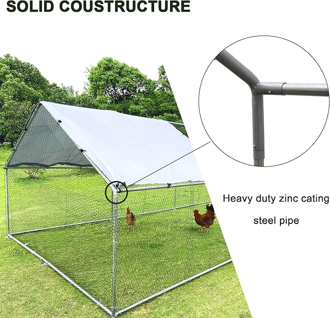 IchbinGo Large Metal Chicken Coop with Waterproof Cover, Walk-in Metal Poultry Cage Spire Shaped Chicken Coop Run, Chicken Run with Anti-UV Cover for Outdoor Backyard Farm (10' L x 13 W x 6.56' H)