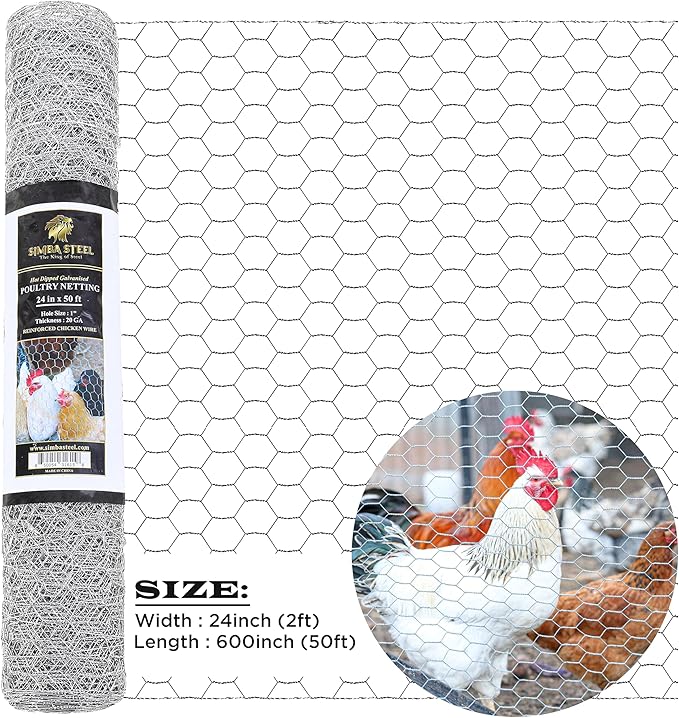 Chicken Wire 24 in x 50 FT x 1” Mesh x 20GA | Poultry Wire Netting | Hot Dipped Galvanised | Hexagonal Galvanized Mesh for Chicken Coop, Rabbit Cage Fence(PM 24 x 50)