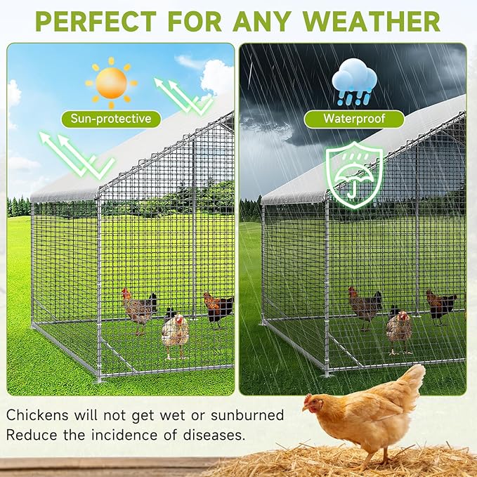 LEVELEVE Large Walk-in Chicken Coop with Chicken Run, Galvanized Poultry Enclosure with Waterproof Anti-UV Cover and Security Lock, Ideal for Rabbit, Duck, Backyard and Farm Yard，9.8'x 6.6'x 6.6'