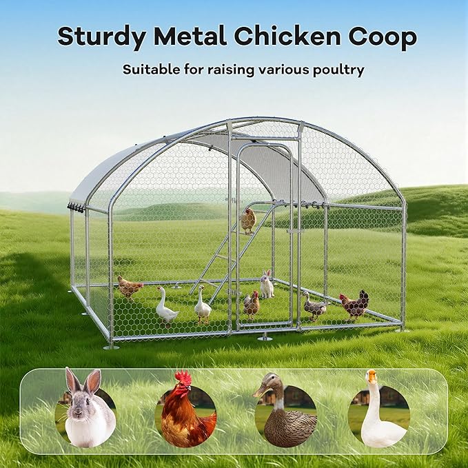 Large Metal Chicken Coop Walk-in Poultry Cage with Waterproof Roosting Perch and UV-Resistant Cover, Outdoor Chicken Run Poultry Hen House for Backyard Farm Use,Dome Roof(10’ W x 13.2’ L x 6.4’ H)