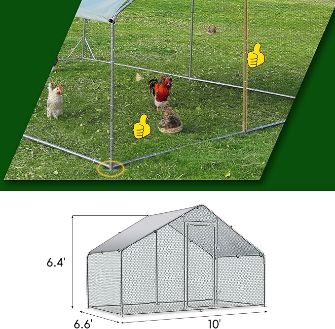 Betterhood Large Metal Chicken Coop Upgrade Tri-Supporting Wire Mesh Chicken Run,Chicken Pen with Water-Resident and Anti-UV Cover,Duck Rabbit House Outdoor(10’ W x 6.6’ L x 6.5’ H)
