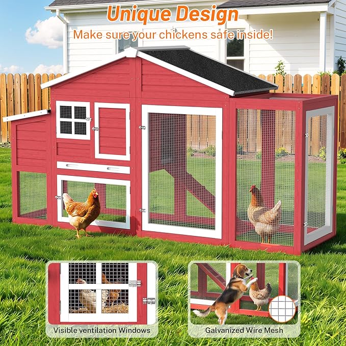 84.7''L Chicken Coop, Large Poultry Cage for 4-6 Chickens, Outdoor Hen House Design with Nesting Box, Weatherproof Roof and Leakproof Pull-on Tray, Easy to Install＆Clean(Red)