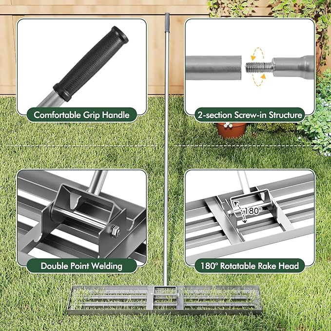 Happygrill Lawn Leveling Rake, Heavy Duty Lawn Level Tool for Soil w/67” Handle, Dirt Ground Leveler, Effort-Saving Landscape Rake for Garden, Backyard, Golf Course, Farm, Pasture (42" x 10", Silver)