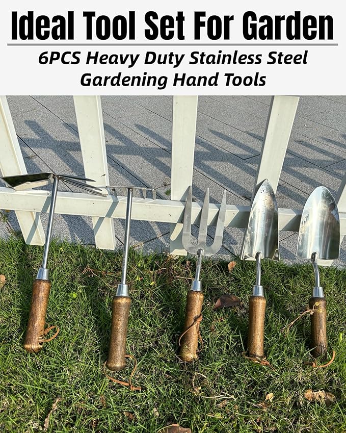 Garden Tool Set, 6PCS Heavy Duty Stainless Steel Gardening Hand Tools with Ropes, Includes Hand Cultivator Shovel Trowel Transplanter 2-in-1 Hoe Pruner Ideal Gardening Gifts for Women Men (Upgrade)