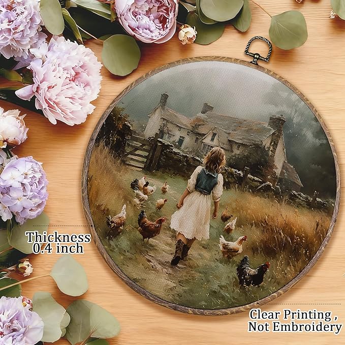 Pugwak Vintage Rustic Farmhouse Round Wall Art Decor, Farmhouse Farm Little Girl Chicken Canvas Art Framed, Cottagecore Country Artwork Wall Hanging Decor for Home Bedroom Living Room, 10x10in