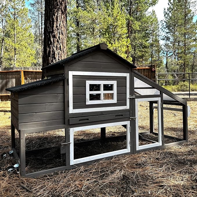 GUTINNEEN Chicken Coop Mobile Hen House Wooden with Run Poultry Cage with Nesting Box,Field Grey