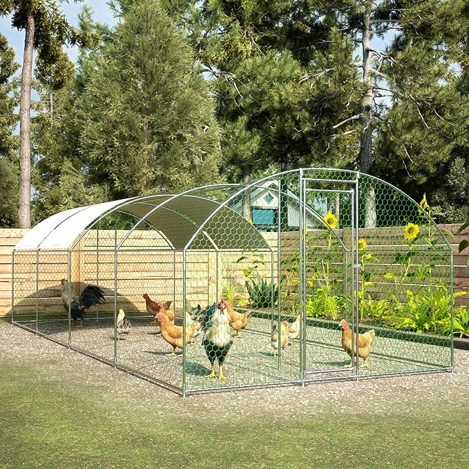 OUYESSIR Outdoor Metal Chicken Coop, Large Walk-in Chicken Run Pen with Waterproof Cover, Rabbit Habitat Dome Roof Poultry Cage for Backyard Farm Use (10'W x 26'L x 6.56'H)