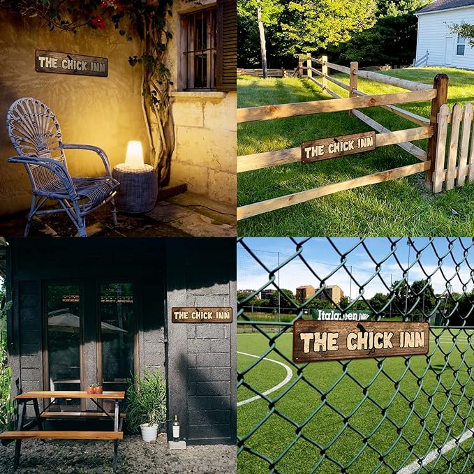 Rustic Metal "The Chick Inn" Tin Sign Art Wall Decor Funny Outdoor Garden Farm Signs, Chicken Gifts Coops Farmhouse Decor Hen House 4" by 16"
