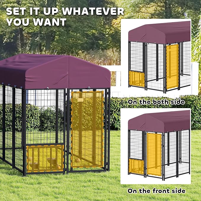 PawHut Outdoor Dog Kennel with Roof, 8' x 4' x 6' Heavy Duty Welded Wire Dog Playpen Enclosure with Escape-Proof Lock, Adjustable Bowls, UV-Resistant & Waterproof Cover, for S&M&L Breeds, Silver
