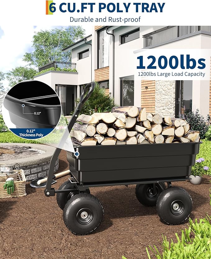 Heavy Duty Poly Garden Dump Cart 1200 lbs, 125L Utility Wagon Wheelbarrow with 10" All-Terrain Tires, Quick Release, 180° Adjustable Handle for Yard, Lawn, Landscaping, Black | 1200 lbs. load capacity