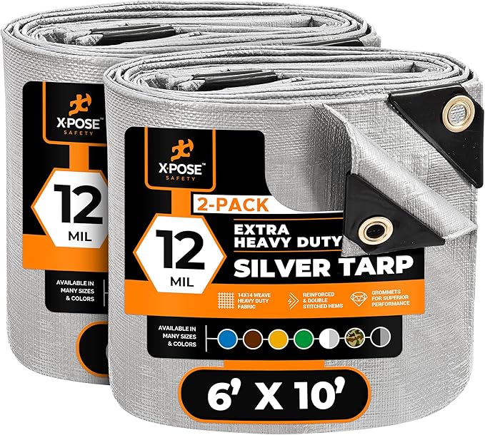 Heavy Duty Silver Poly Tarp 6' X 10' (2-Pack) - Multipurpose Protective Cover - Durable, Waterproof, Weather Proof, Rip and Tear Resistant - Extra Thick 12 Mil Polyethylene - by Xpose Safety