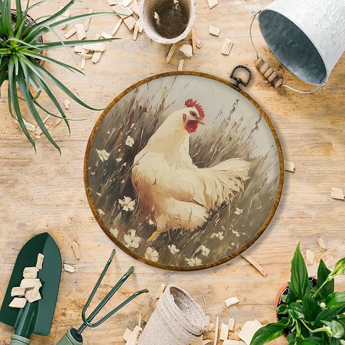 Hiuwevt Vintage Farmhouse Chicken Round Wall Art Decor, Retro Country Farm Animal Framed Canvas Prints, Rustic Cottagecore Chicken Round Wall Hanging Decor for Kitchen Home Decorations, 10x10 Inches