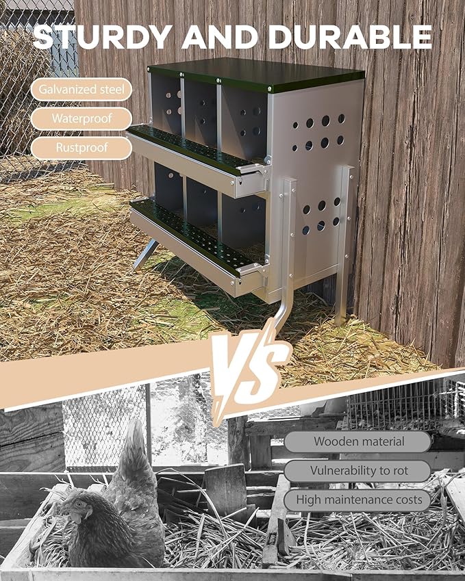 6-Hole Galvanized Metal Chicken Nesting Box with Egg Collection Tray/Fake Training Eggs, Rustproof Poultry Laying Box with Perch Rod,for Chicken Coops and Hens