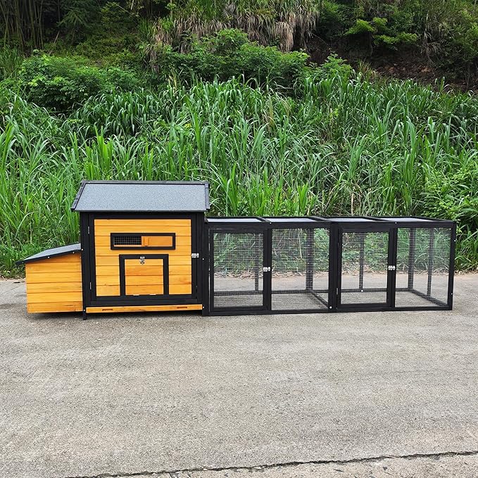 Large Wooden Chicken Coop Outdoor Hen House with Nesting Box，Walk-in Poultry Cage with Secure Locks, Metal Mesh Run for Backyard Farm Use (Black+Gold 118")