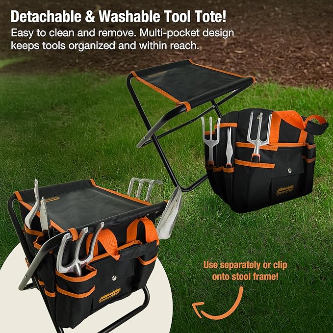 GardenHOME 7-Piece Garden Tool Set – Stainless Steel Tools with Folding Stool & Tote Bag, Black and Orange, Practical Kit for Men and DIY Yard Work