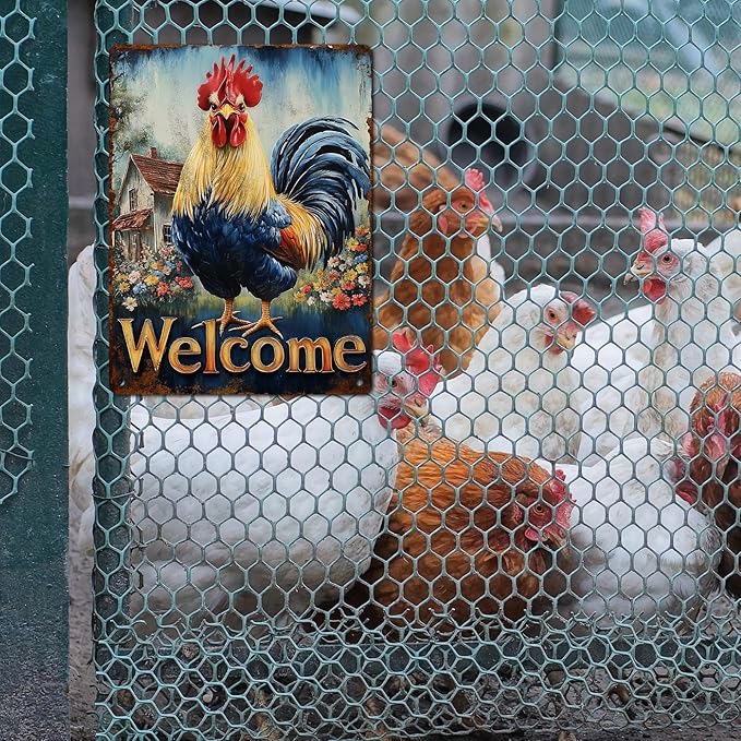 Vintage Rooster Tin Sign Welcome Retro Chicken Rustic Wall Decor Nostalgic Art Funny Coop Metal Poster Outdoor Store Cafe Farmhouse Kitchen Garden Plaque Bar Pubs Yard Farm 12 * 16inch