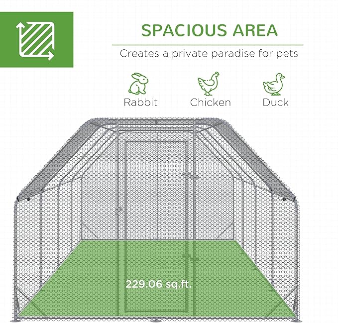 PawHut Large Chicken Coop Metal Chicken Run with Waterproof and Anti-UV Cover, Flat Shaped Walk in Fence Cage Hen House for Outdoor and Yard Farm Use, 1" Tube Diameter, 9.2' x 24.9' x 6.4'