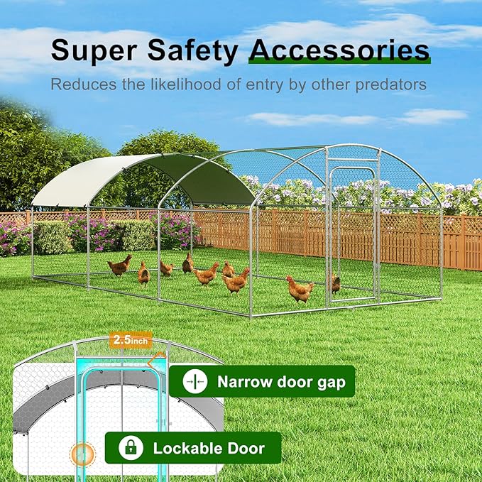 Large Metal Chicken Coop Walk-in Poultry Cage with Waterproof and UV-Resistant Cover, Outdoor Chicken Run Poultry Hen House for Backyard Farm Use,Dome Roof(10’ W x 19.7’ L x 6.4’ H)