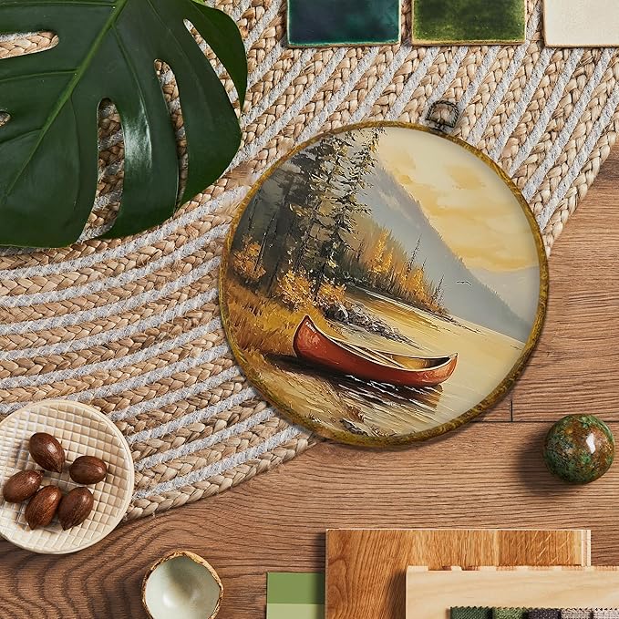 shiviody Vintage Lake Boats Canvas Wall Art Decor, Nautical Sailing Boat Wall Decor, Modern Scenic Landscape Round Hanging Frame Prints Decorations for Living Room Bedroom 10"x10"