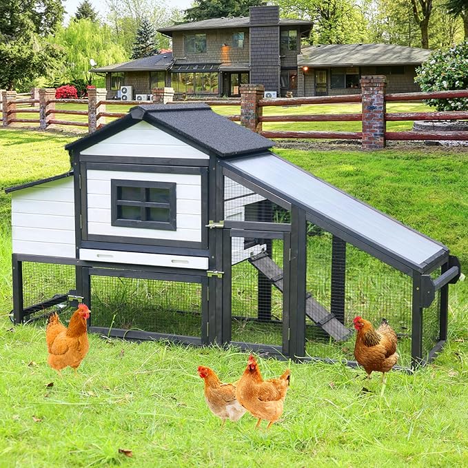 Aivituvin Chicken Coop Outdoor with Wheels, Mobile Hen House Wooden Poultry Cage with Run & Waterproof Roof (Black with White)
