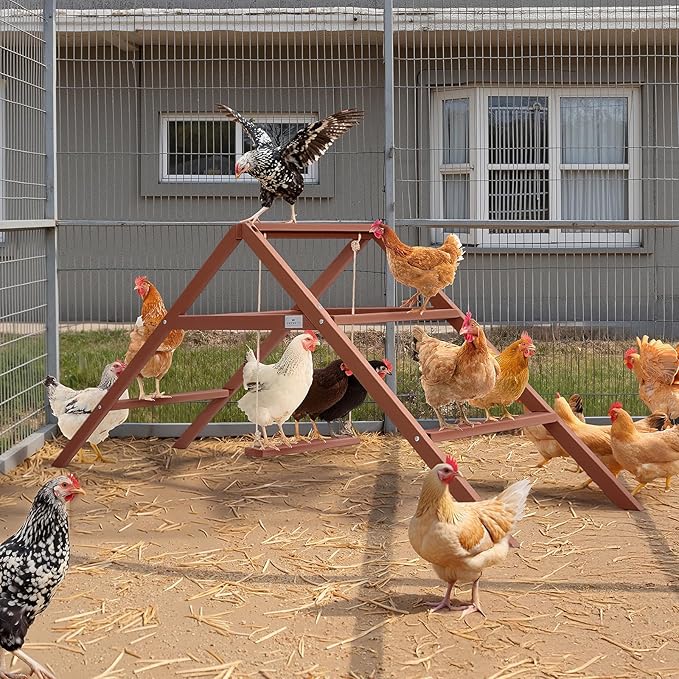 PETSFIT Wooden Chicken Perch & Roosting Bars for 10-12 Chickens– 3-Layers Design with Swing, Durable Fir Solid Wood for Outdoor Coops, Easy Assembly & Cleaning, Promotes Healthy & Happy Chickens