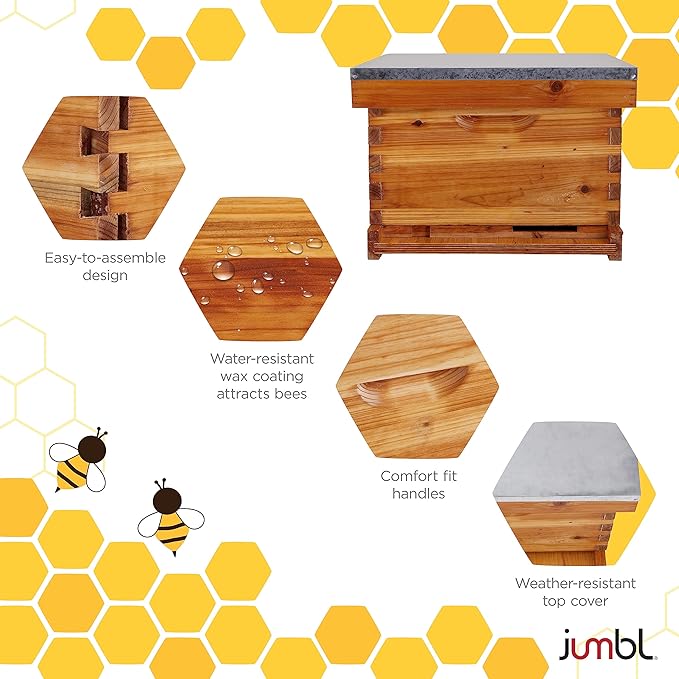 Jumbl 30 Pcs. Beekeeping Starter Set, 10-Frame Sheets White Painted Beehive for Beginners and Professionals, Comprehensive Tool Set, Introduction Booklet, 20 Bees-Wax Sheets for Candle Making