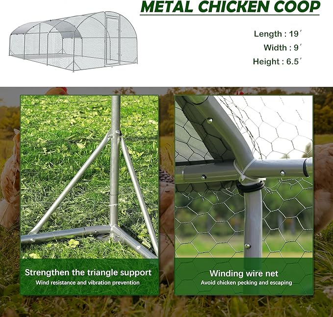 Large Metal Chicken Coop Upgrade Tri-Supporting Wire Mesh Chicken Run,Chicken Pen with Water-Resident and Anti-UV Cover,Duck Rabbit House Outdoor(9'W x 19'L x 6.5'H)