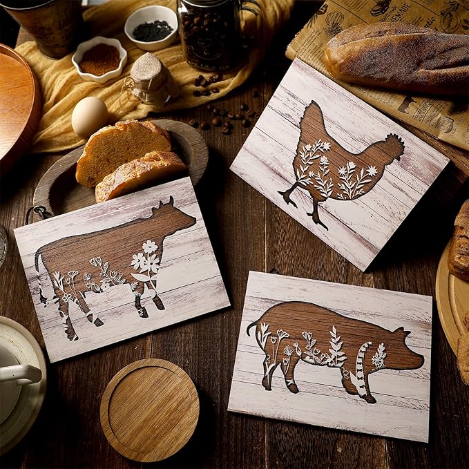 Jetec 3 Pieces Farmhouse Kitchen Signs Cow Rooster and Pig Decors 7.9 x 5.9 Inch Rustic Wooden Signs Country Wall Decorations for Kitchen Wall Ornaments and Home Supplies (Cute Style)