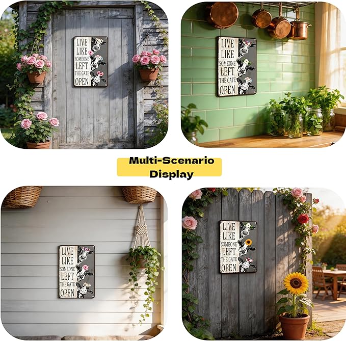 Funny DIY Magnetic Attraction,Vintage Cow Decor Sign Live Like Someone Left The Gate Open Tin Sign for Home Bedroom Bathroom Wall Farm Fence Decor 8x12 Inch (Dark Grey Beige)