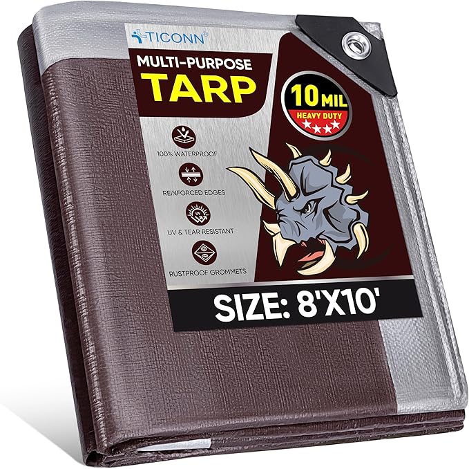 TICONN Heavy Duty Tarp Cover, Extra Thick Tarps Waterproof Tear and Rip Proof UV Resistant Tarpaulin with Reinforced Grommets and Edges (10 Mil, 8'x10')