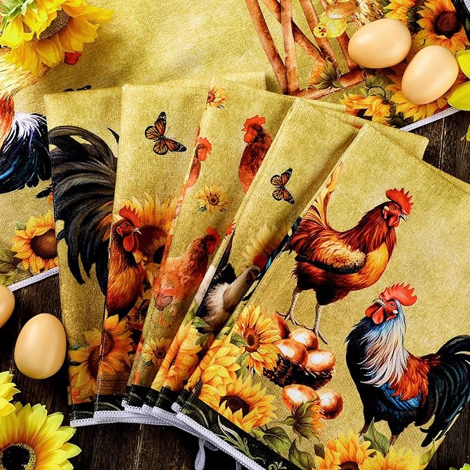 6 Pcs Farmhouse Kitchen Towels Rooster Dish Towels Cock Dishcloths Sunflower Retro Hand Cloths Rustic Cock Mom Gifts for Kitchen Christmas Bathroom Decor Housewarming Gift