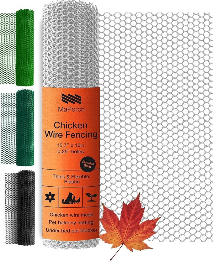 MaPorch Plastic Chicken Wire Mesh Fence - White Mesh, 15.7 in x 10 ft - Quick-Install Chicken Wire Fencing - Plant Protectors from Animals - Weather Resistant Garden Netting - Pet & Poultry Netting
