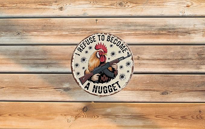 AWISZZZ Refuse Nugget Metal Sign 8x8in Round Funny Plaque for Chicken Farm Wall Decor Poultry Humor Gift