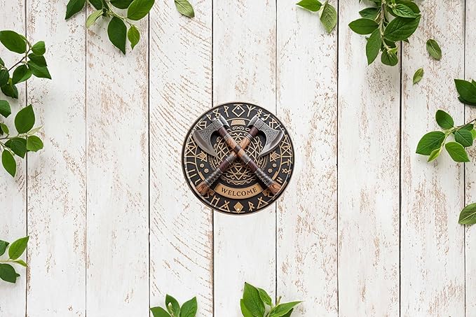 CSWLJS Vintage Round Metal Axe “WELCOME” Sign – 8x8″ Wall Decor for Home, Porch, Garage, Man Cave, Viking Lodge – Durable Indoor/Outdoor Gift
