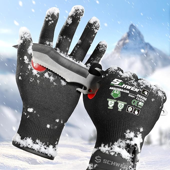 Schwer FreezeGuard Winter Work Gloves for Men and Women, ANSI A6 Cut Resistant Gloves With Super Grip, Freezer Glove for Work, Touchscreen, Thermal Insulated, PR3388, Black Knight (XXL, 1 Pair)