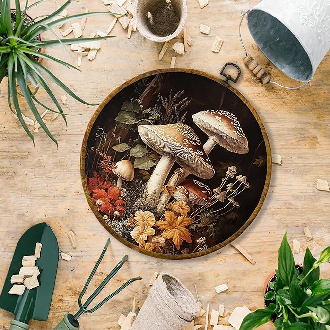 Hiuwevt Cottagecore Moss Mushroom Round Wall Art Decor, Vintage Moody Dark Academia Framed Canvas Prints, Rustic Forest Agaric Round Wall Hanging Decor for Bedroom Home Decorations, 10x10 Inches