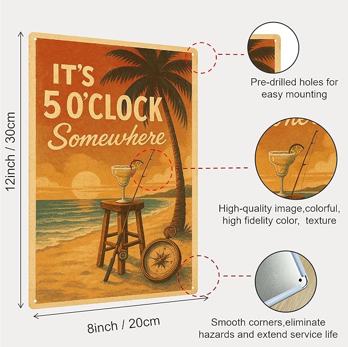 Vintage Man Cave Bar Signs for Home Bar, Basement, Outdoor, It's 5 O'Clock Somewhere Sign, Metal Beach Bar Wall Decor, Cool Garage Bar Accessories Mancave Gifts for Men - 8x12 Inch