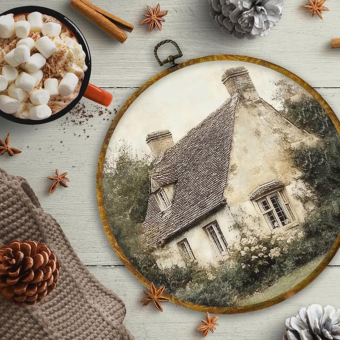 CUANFDDSF Vintage Rustic Countryside Round Wall Art, Retro Farmhouse Framed Hanging Wall Decor, Cottagecore Antique Country Landscape Canvas Prints Decorations for Home Bedroom Living Room, 10x10 Inch