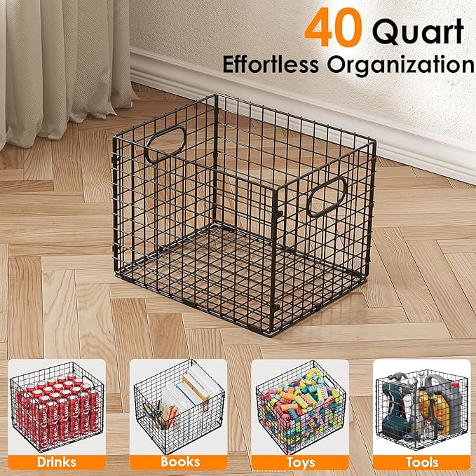 3-Pack Metal Milk Crate for Storage, Large 40qt Stackable Collapsible Storage Bins with Handle, Heavy Duty Storage Baskets for Shelves, Folding Basket Organizer for Car, Garage, Home, Camping, Office