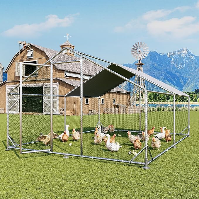 Aoxun Metal Chicken Coop, Outdoor Chicken Runs for Yard with Cover, Spire Roof Hen House Enclosure with Security Lock, Walk-in Cage Peak Hen House for Yard Farm (10x13x6.4 FT)