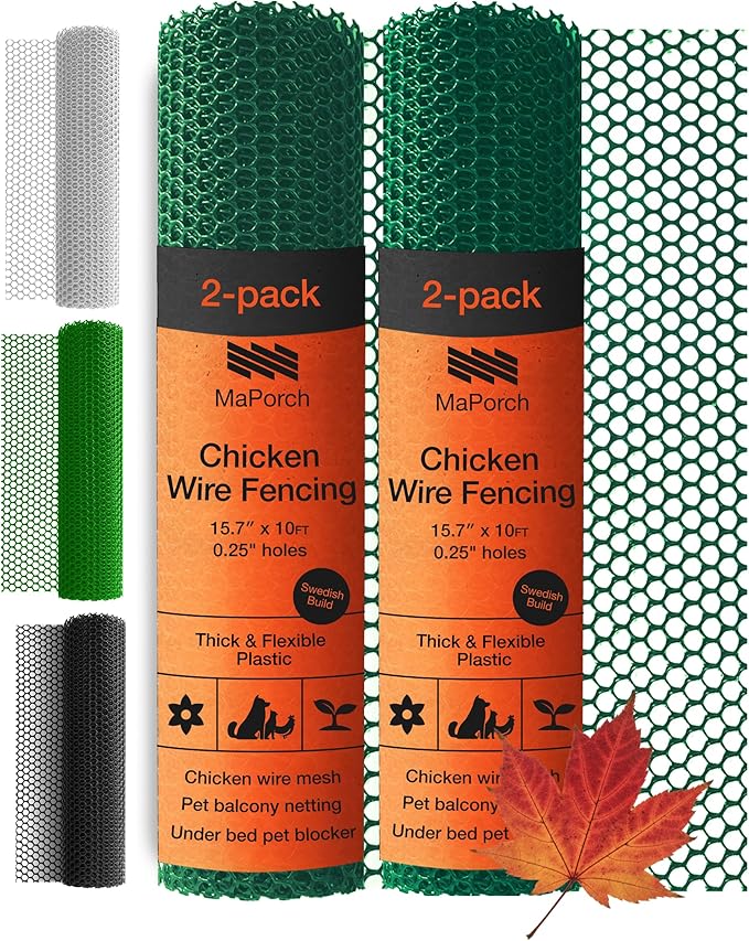 MaPorch Plastic Chicken Wire Mesh Fence - Green Mesh, 15.7 in x 10 ft - Quick-Install Chicken Wire Fencing - Plant Protectors from Animals - Durable Garden Netting - Pet & Poultry Netting (2-Pack)