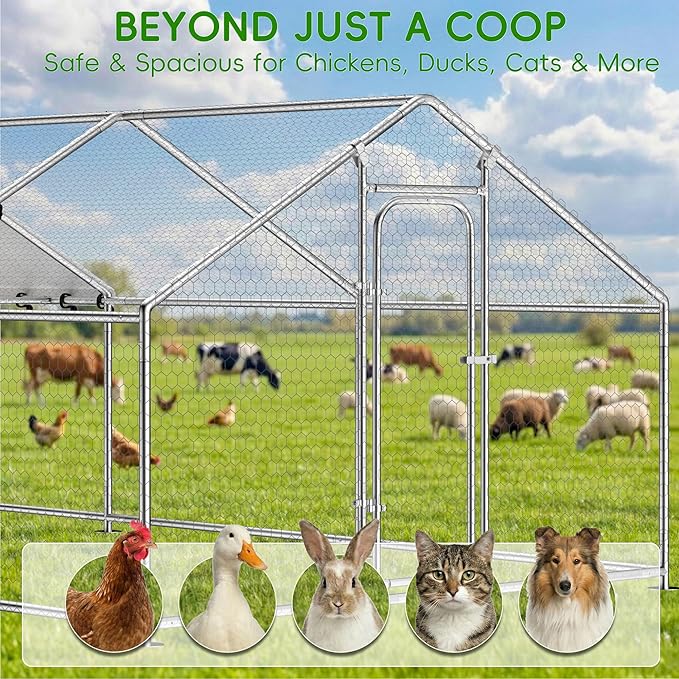 Large Metal Chicken Coop with Waterproof and UV-Resistant Cover,Chicken Run Outdoor Walk-in Cage Rabbit Duck Hen House for Yard Farm Use Spire Roof(10' L x 14.8' W x 6.4' H)