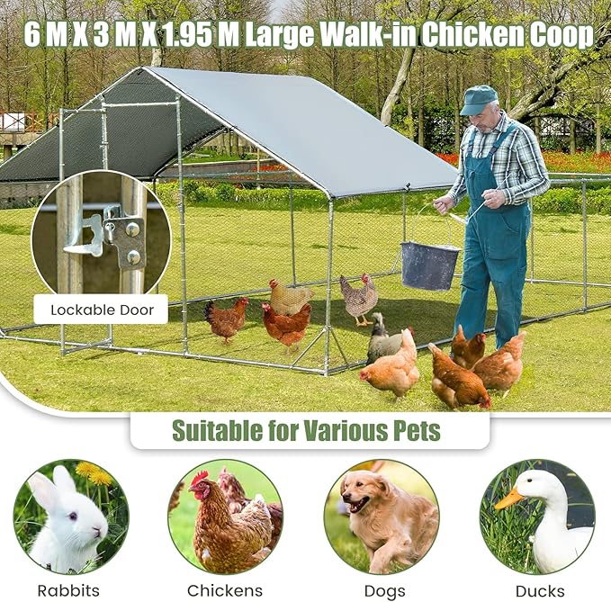 Giantex 20ft Large Metal Chicken Coop, Walk-in Chicken Run Poultry Cage, Waterproof and Sun-Proof Cover, Galvanized Steel Frame, Hen Duck Rabbit House Outdoor Farm Yard (20 x 10 ft, Half Spire)