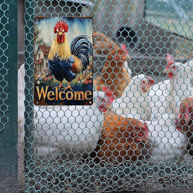 Vintage Rooster Tin Sign Welcome Retro Chicken Rustic Wall Decor Nostalgic Art Funny Coop Metal Poster Outdoor Store Cafe Farmhouse Kitchen Garden Plaque Bar Pubs Yard Farm 12 * 8inch