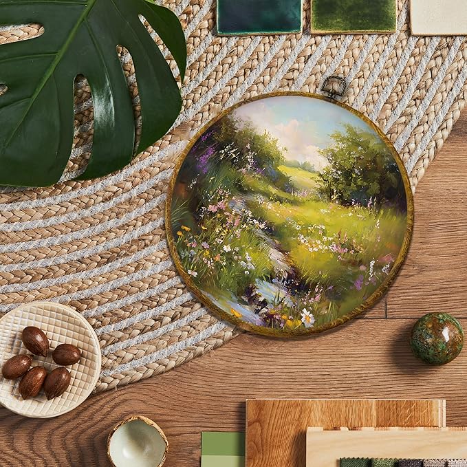shiviody Rustic Wildflower Canvas Wall Art Decor, Countryside Floral Landscape Wall Decor, Wild Fields Floral Round Hanging Frame Prints Decorations for Farmhouse Living Room Bedroom 10"x10"