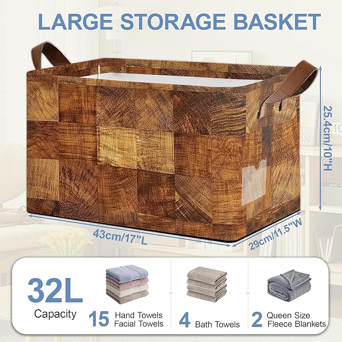 Vintage Wood Grain Storage Baskets,Barn Wooden Foldable Large Capacity Organizer Bins with Waterproof Lining and Leather Handles for Closet,Shelf,Bedroom 17x11.5x10Inch