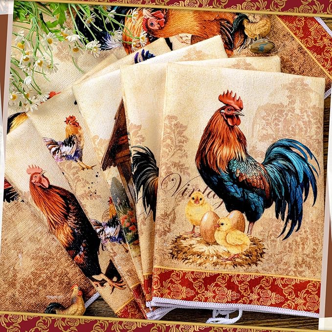 Bencailor 6 Pcs Farmhouse Kitchen Towels Chicken Rooster Kitchen Decor Farm Animal Hand Towels for Cooking Baking Housewarming Gift,15.75 x 23.62 inch(Golden Brown,Rooster)